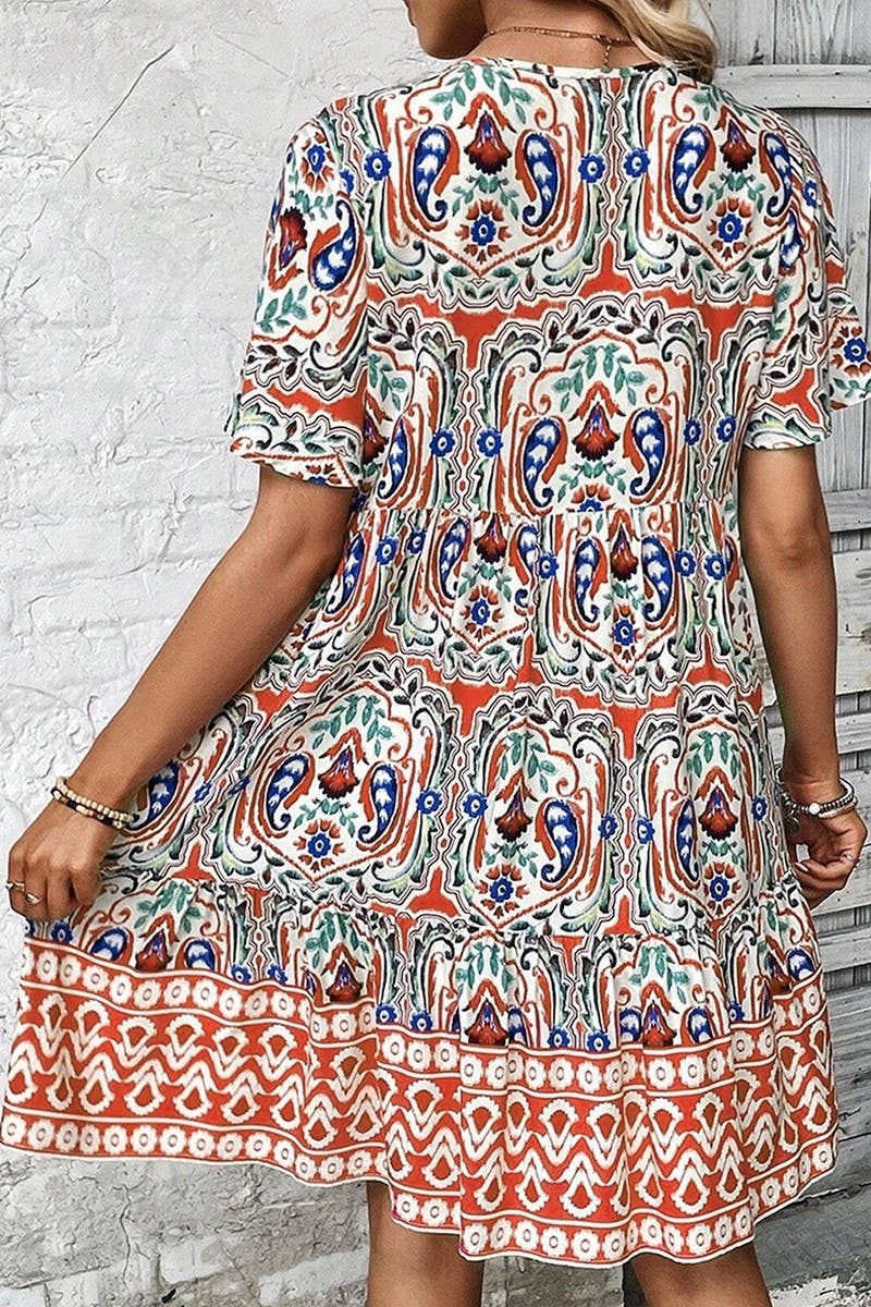 CWDSD7517_SUMMER V-NECK STYLISH BOHEMIAN PRINT DRESS