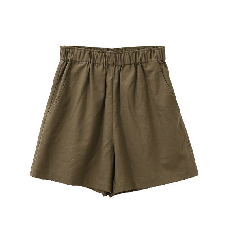 HIGH-WAISTED COTTON LINEN ELASTIC WAIST SHORTS