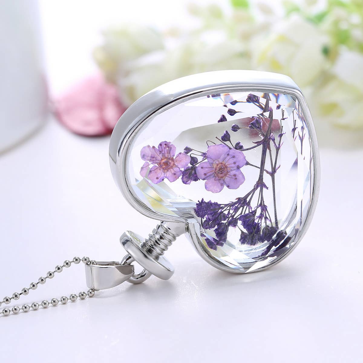 HEART CRYSTAL PLANT DRIED FLOWER NECKLACE