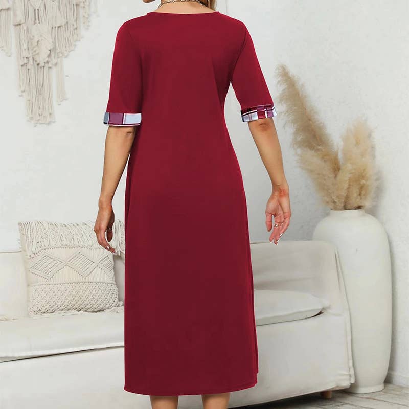 ROUND NECK COLOR CONTRAST IRREGULAR LONG DRESS