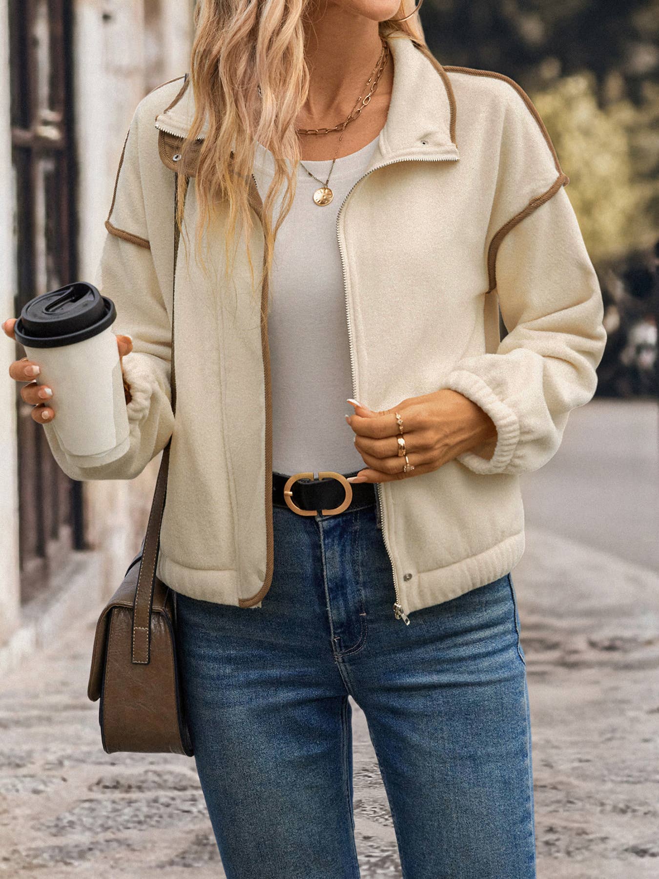 WOMEN'S LAPEL AND FLEECE CROPPED ZIPPER JACKET