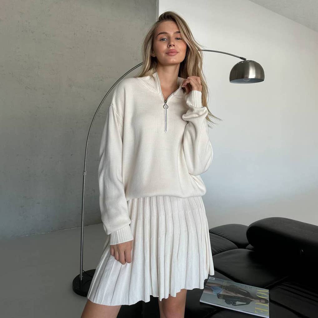 Two-piece knitted sweater and short skirt set