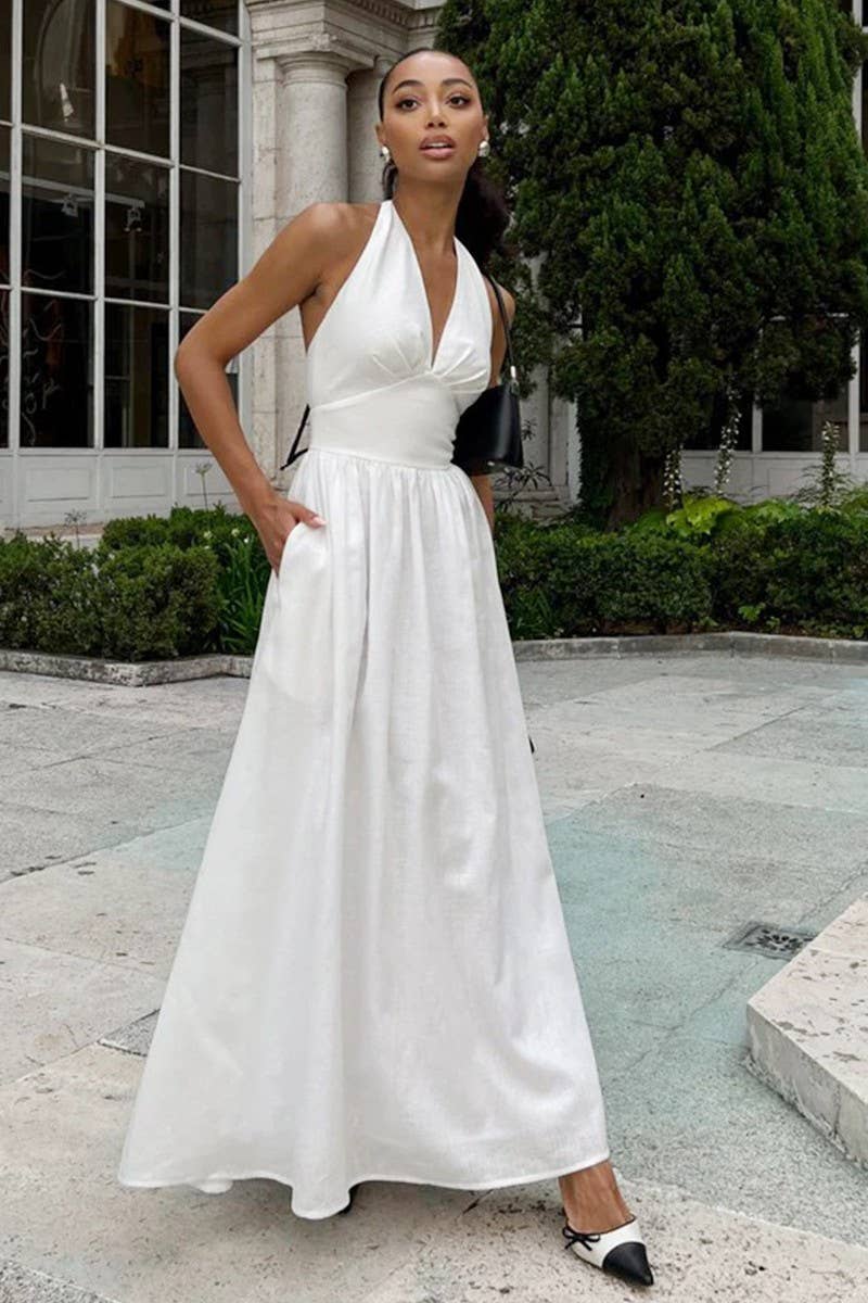 CWDHL0835_COTTON V-NECK TIE-WAIST FLOWY MAXI DRESS