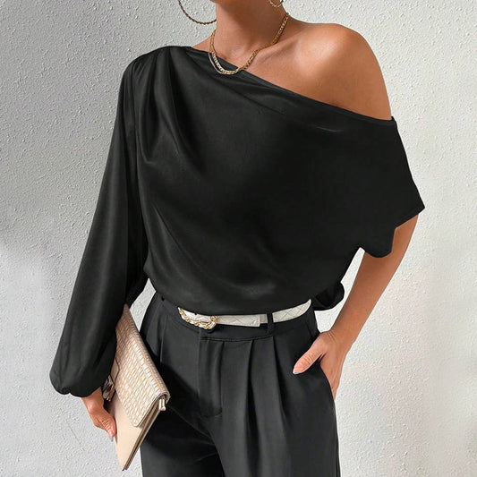 Slanted neck loose-fitting off-the-shoulder top