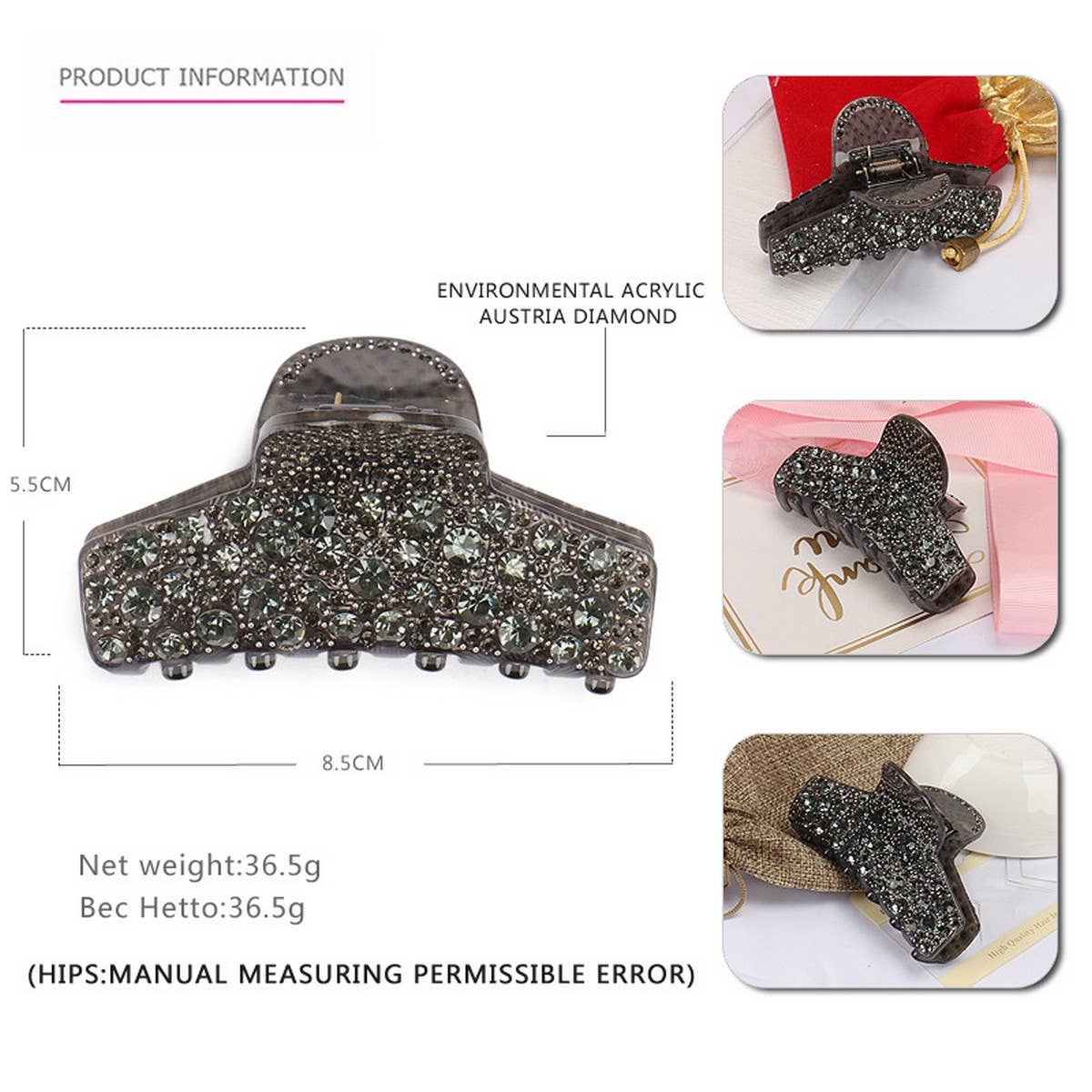 ACRYLIC RHINESTONE HAIRPIN RHINESTONE SHARK CLIP_CWAHA4257