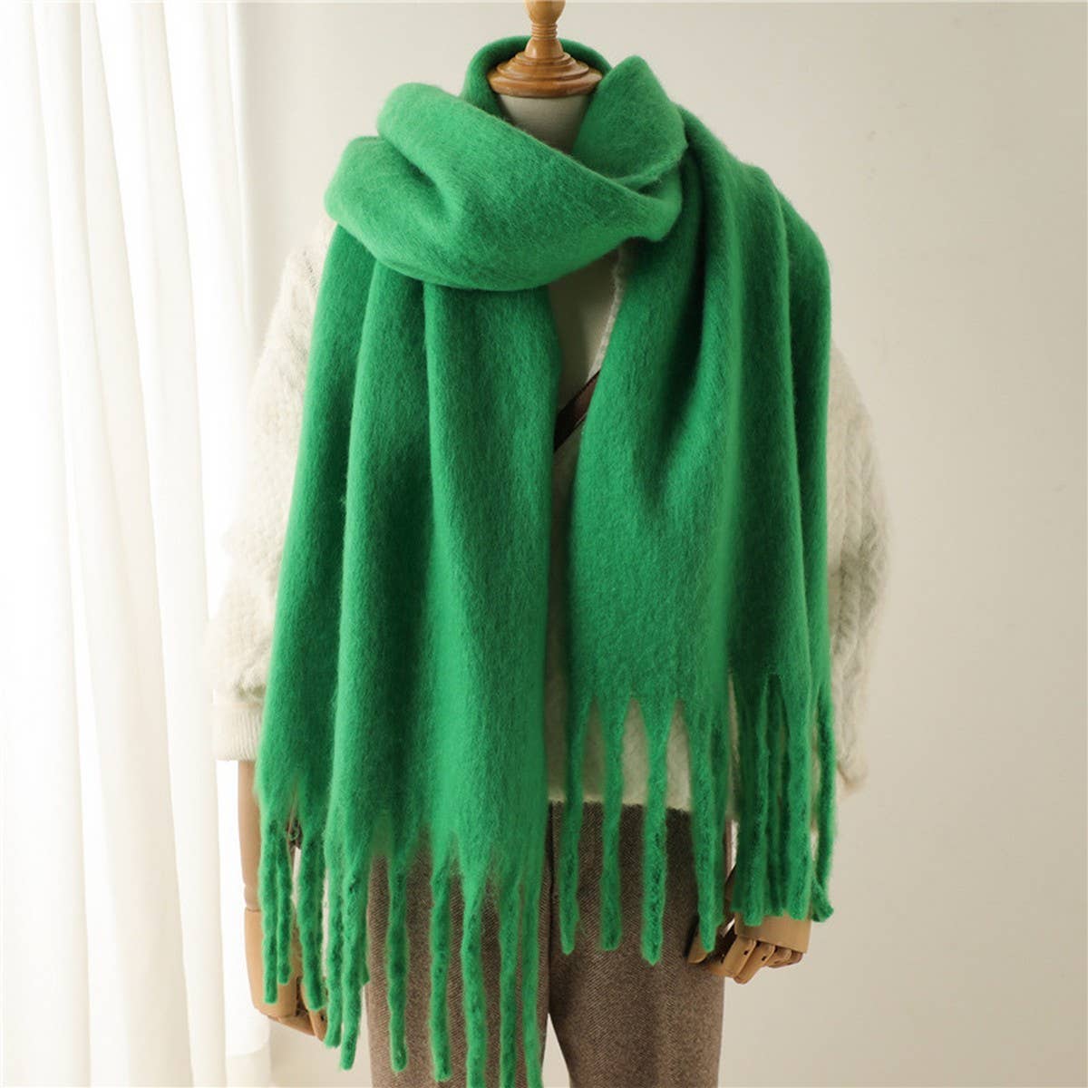 Mohair Tassel Scarf for Winter, Unisex Long Shawl