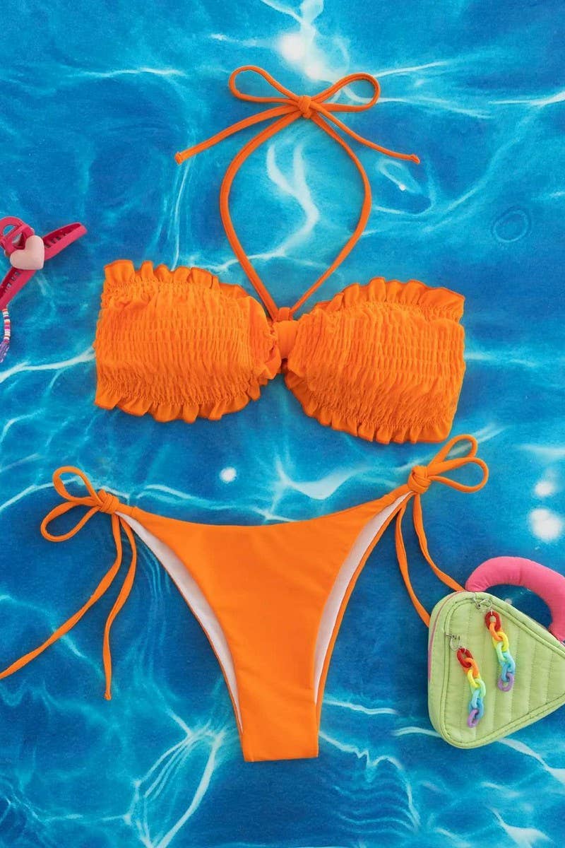 CWMW0851_SOLID COLOR BEACH HALTER NECK TWO-PIECE SWIMSUIT