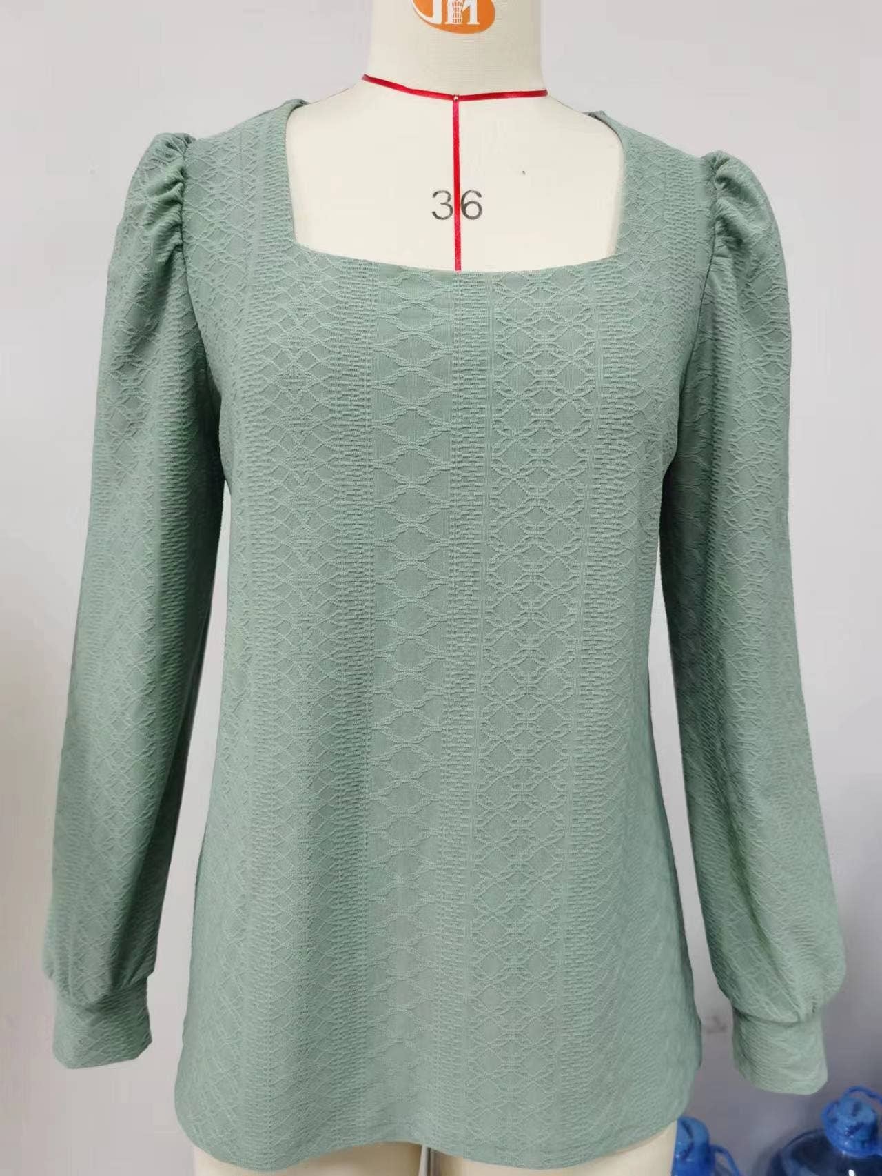 SQUARE COLLAR JACQUARD LONG-SLEEVED LOOSE T-SHIRT