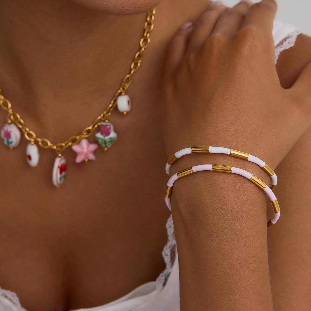 Classic 18K Gold Bamboo Pink Enamel Open Bangle