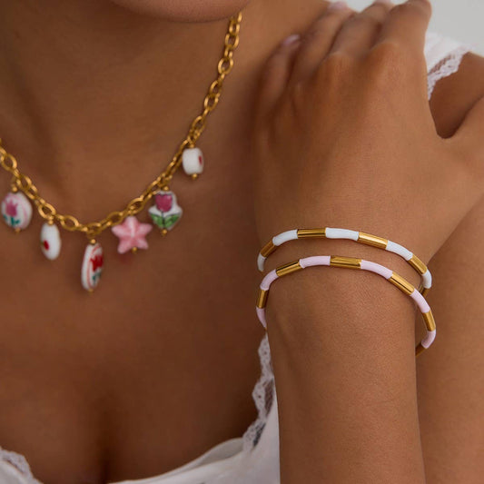 Classic 18K Gold Bamboo Pink Enamel Open Bangle