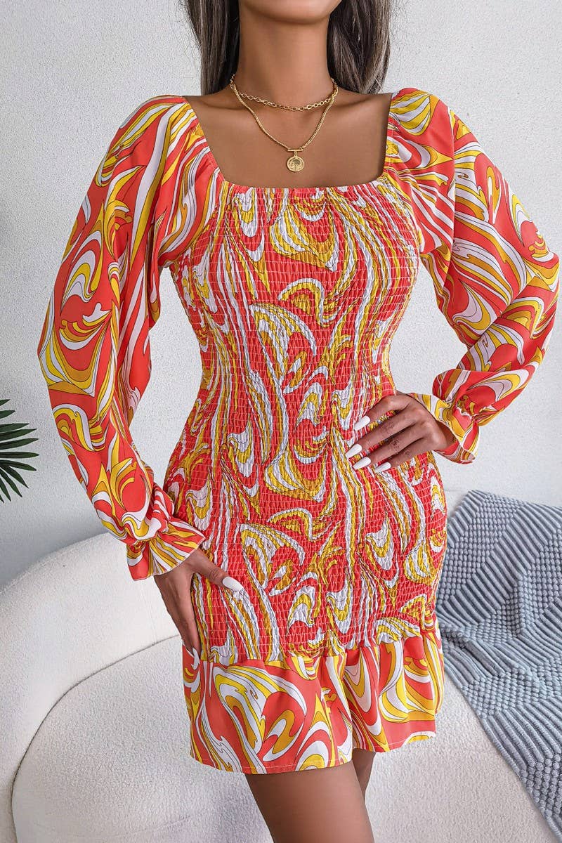 CWDMD4717_SEXY SQUARE NECK LONG SLEEVE RUFFLED HIP DRESS