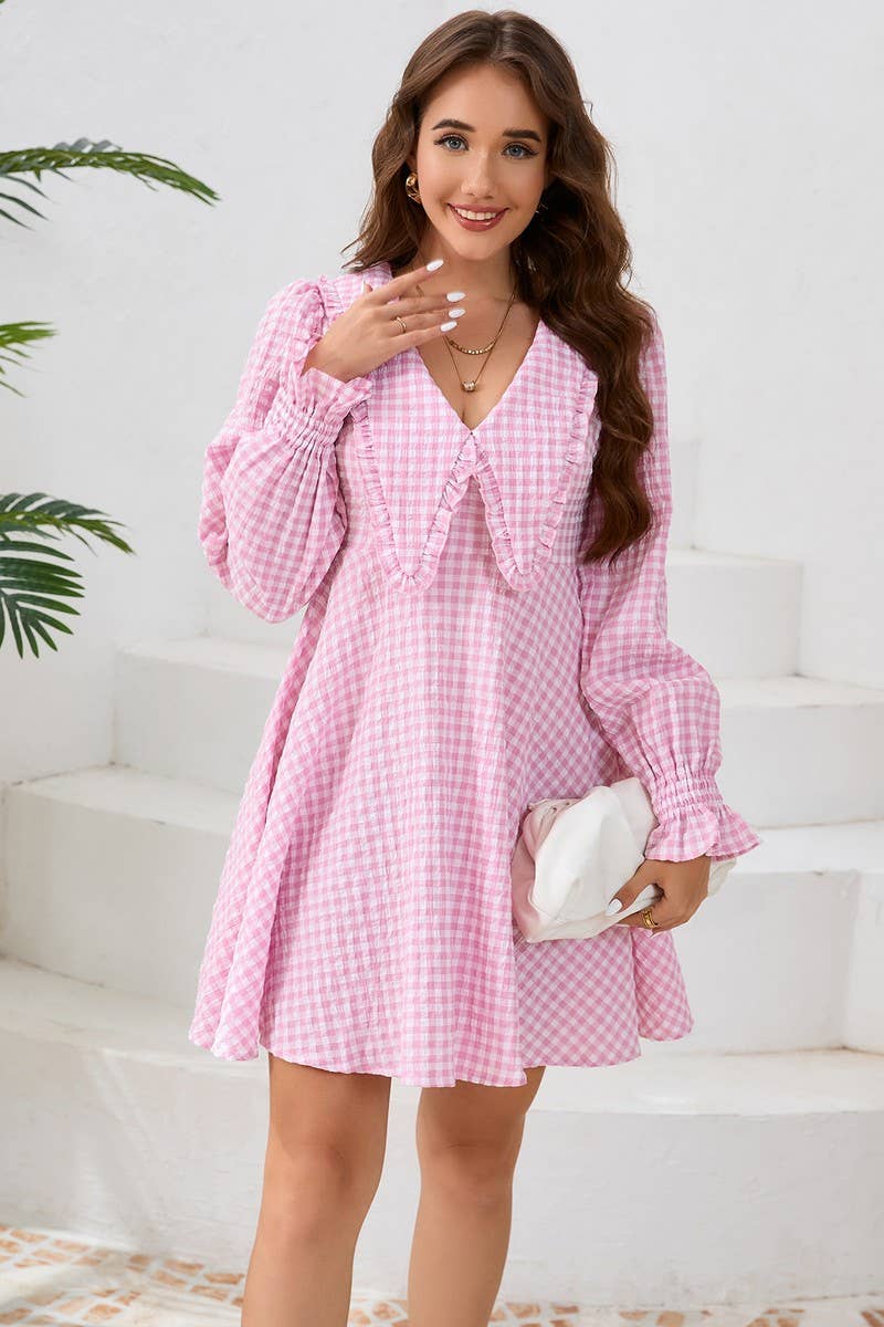 CWDSD6462_LARGE LAPEL WIDE HEM LONG SLEEVE PLAID DRESS