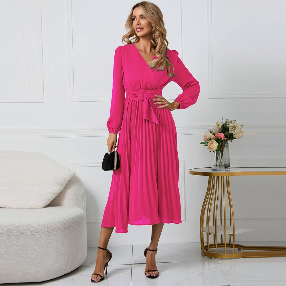 Long Sleeve Fit Pleated Waist Belt V-neck Dress