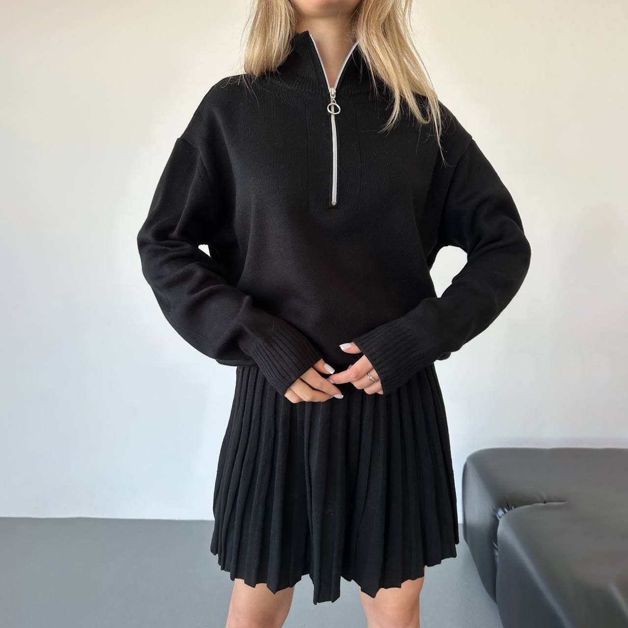 Two-piece knitted sweater and short skirt set