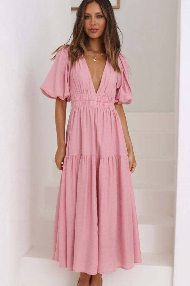 CWDMD1911_WOMEN'S SEXY DEEP V MID-SLEEVE LONG DRESS