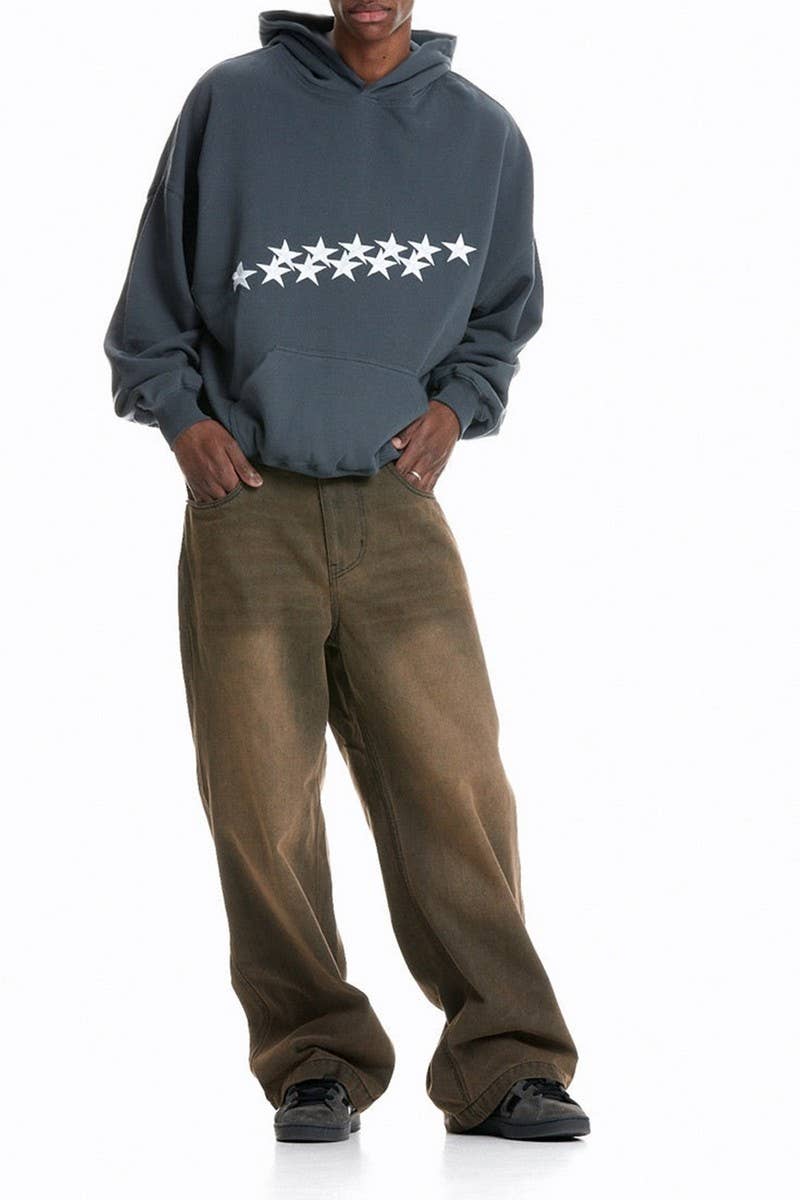 CWOHOL1115_STAR LETTER EMBROIDERED STREETWEAR UNISEX HOODIE