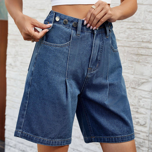 WASHED WAIST ADJUSTABLE DENIM QUARTER SHORTS