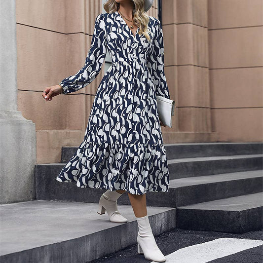 Long-sleeved V-neck printed dress