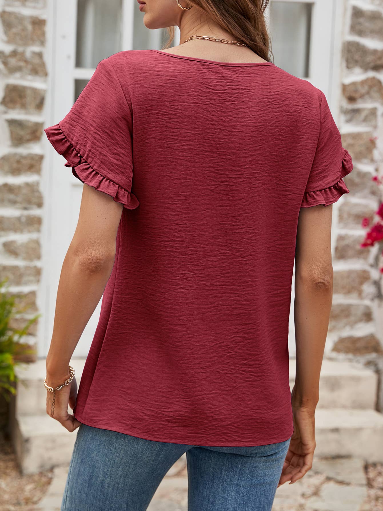 Solid color round neck lace casual T-shirt
