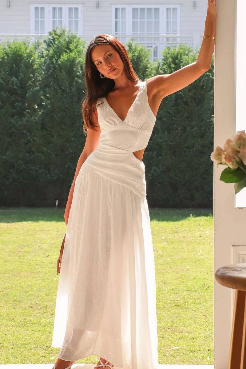 CWDMD5647_V-NECK SLEEVELESS COLORBLOCK MAXI FLARE DRESS