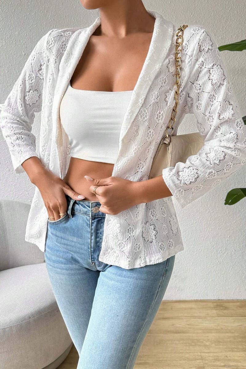 CWOCO1140_SOLID COLOR LACE 9-QUARTER SLEEVE LAPEL BLAZER