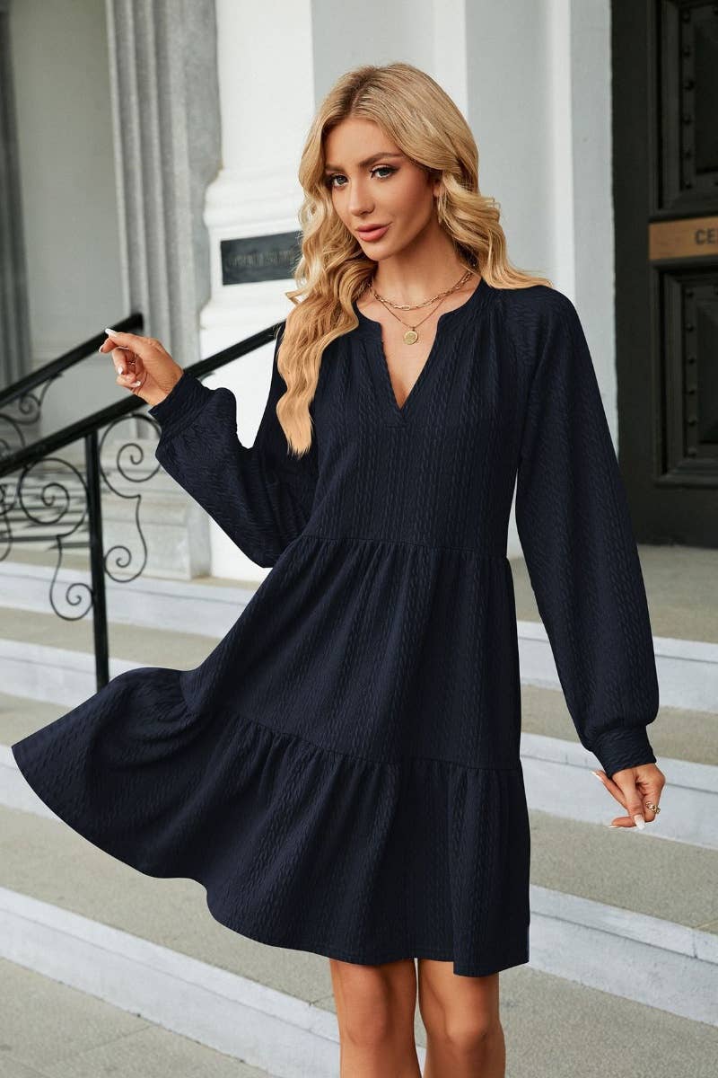 CWDSD6464_AUTUMN WINTER V-NECK LONG-SLEEVED DRESS SHORT
