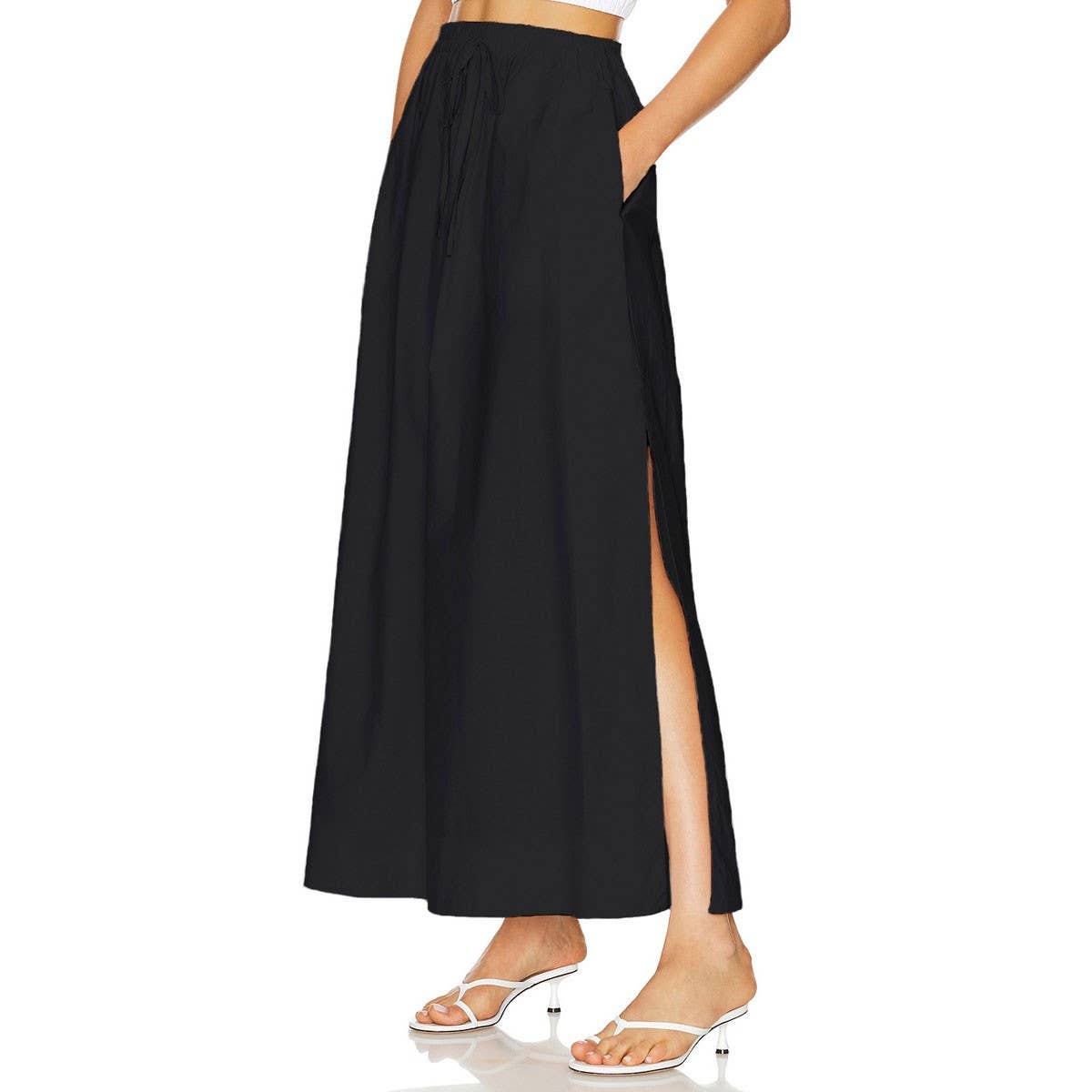 COTTON SKIRT HIGH WAIST SLIT LACE UP LONG SKIRT