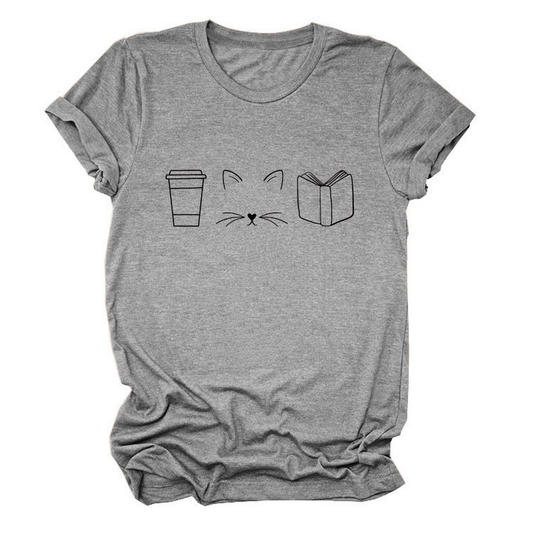 Cute Cat Line Art Tee ? Coffee Cup Print Shirt