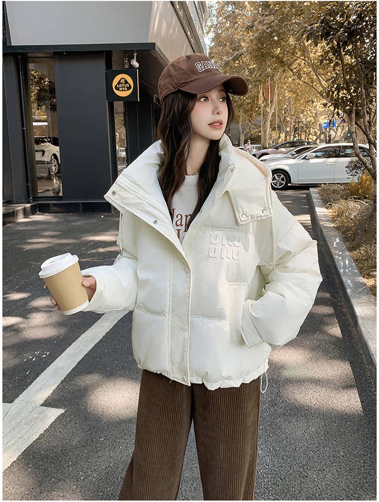 Hooded and textured short cotton-padded jacket