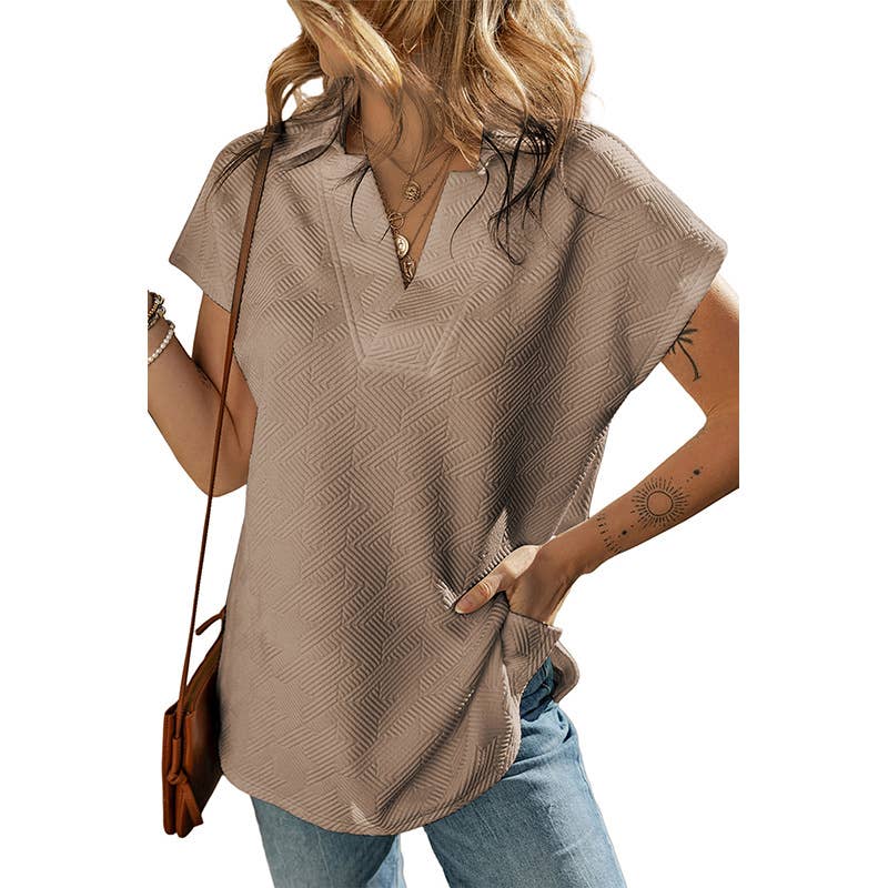 Solid-color V-neck slit short-sleeved T-shirt