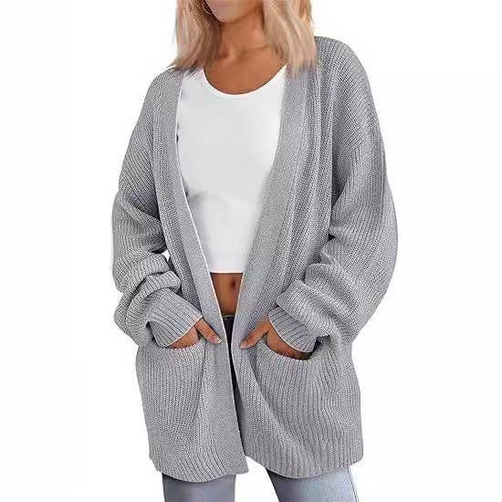 SOLID COLOR LONG KNIT WOMEN POCKET CARDIGAN COAT