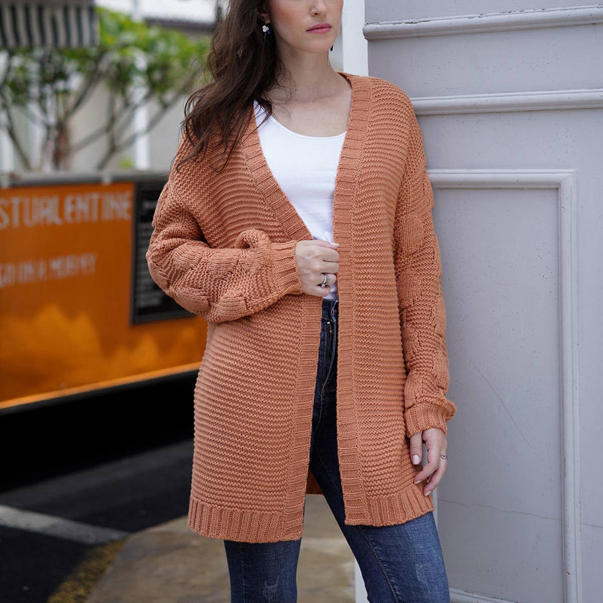 KNIT CARDIGAN PUFFY SLEEVE COAT SWEATER