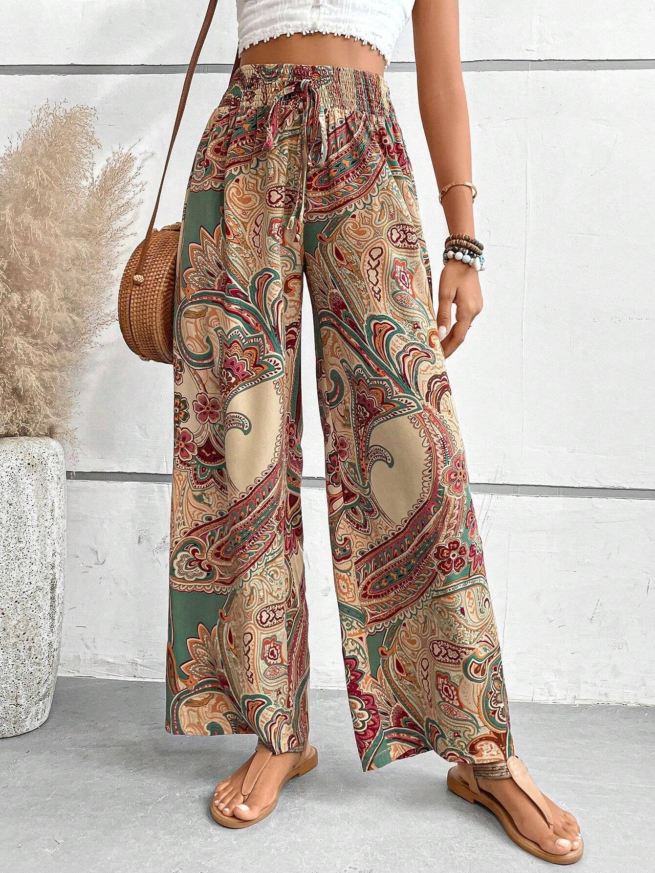 ALL-IN-ONE PRINTED ELASTIC-WAISTED WIDE-LEG PANTS