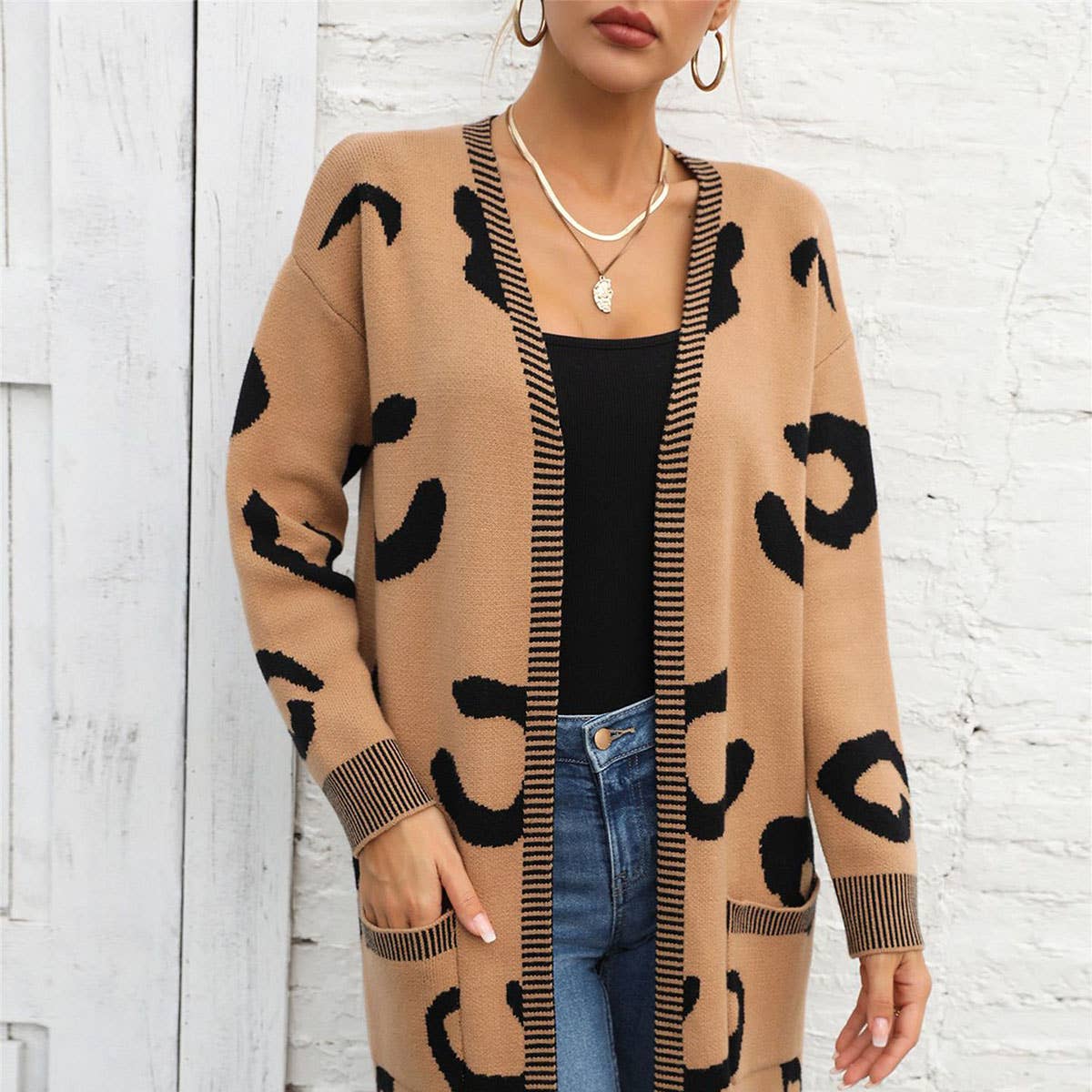 Leopard print jacquard long cardigan without button