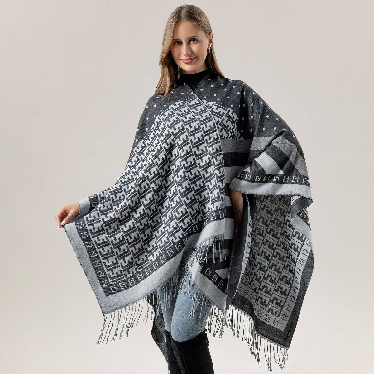 SHAWL FAUX CASHMERE CAPE FRINGED CAPE