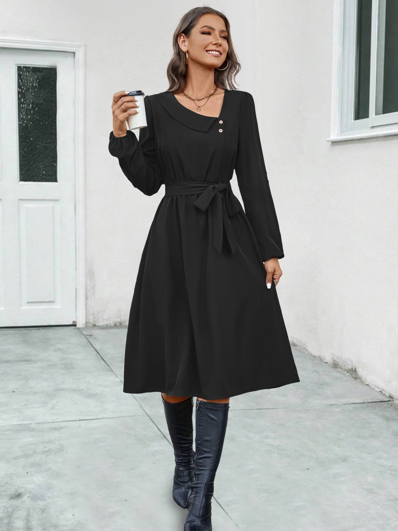 Irregularly collared button long-sleeved dress
