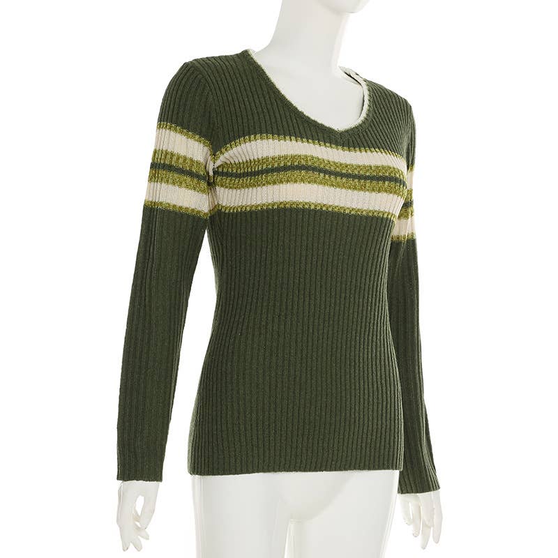 VINTAGE PREPPY V-NECK STRIPED WOOLEN BLOUSE