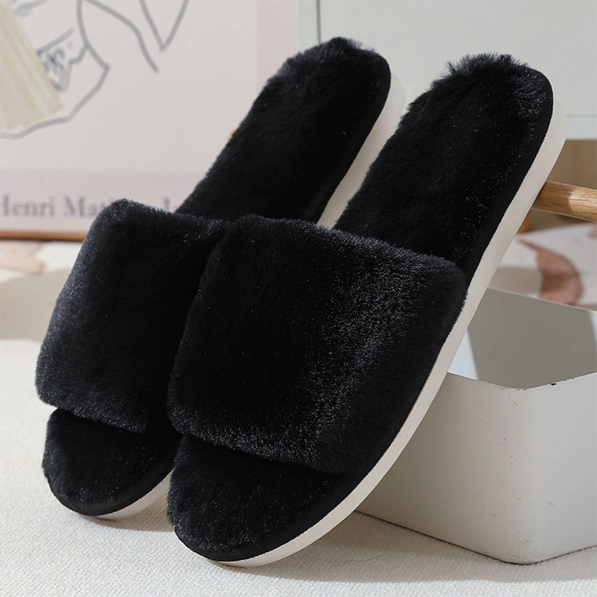 Faux rabbit fur slippers For Women