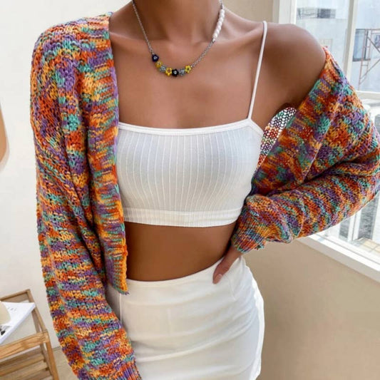 Short rainbow wide open knit cardigan