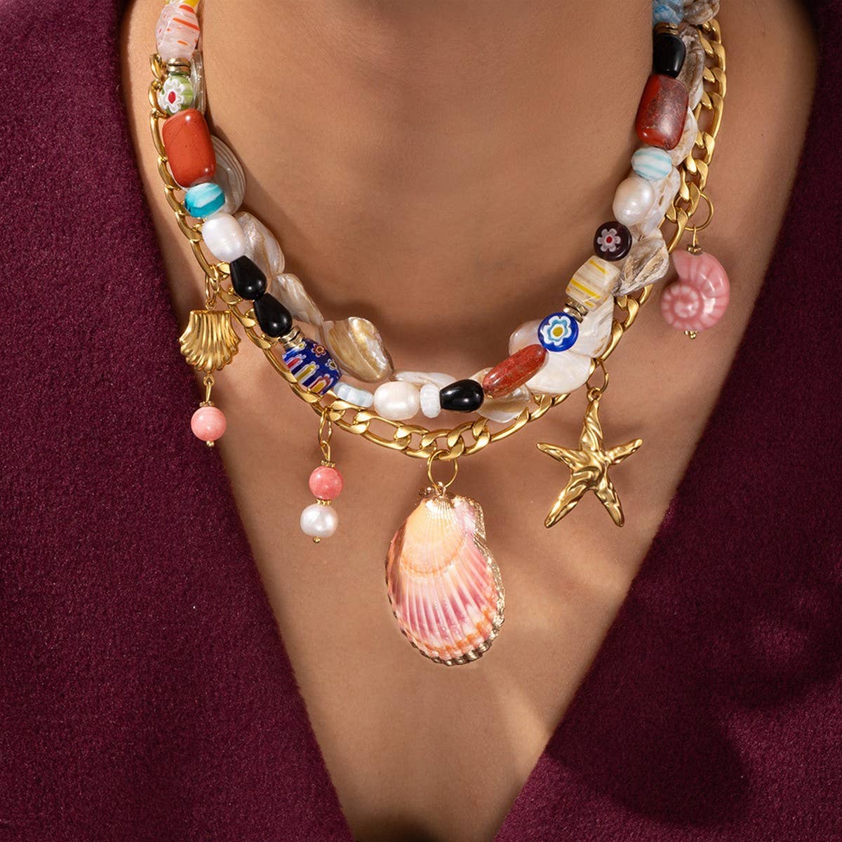 Large Shell & Starfish Beaded Figaro Necklace_CWMM7534