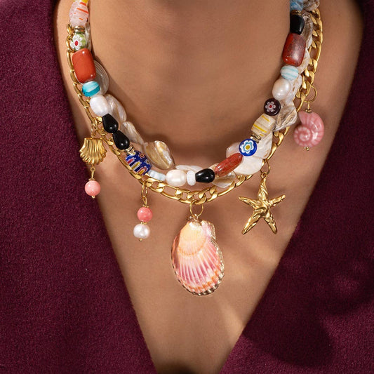 Large Shell & Starfish Beaded Figaro Necklace_CWMM7534