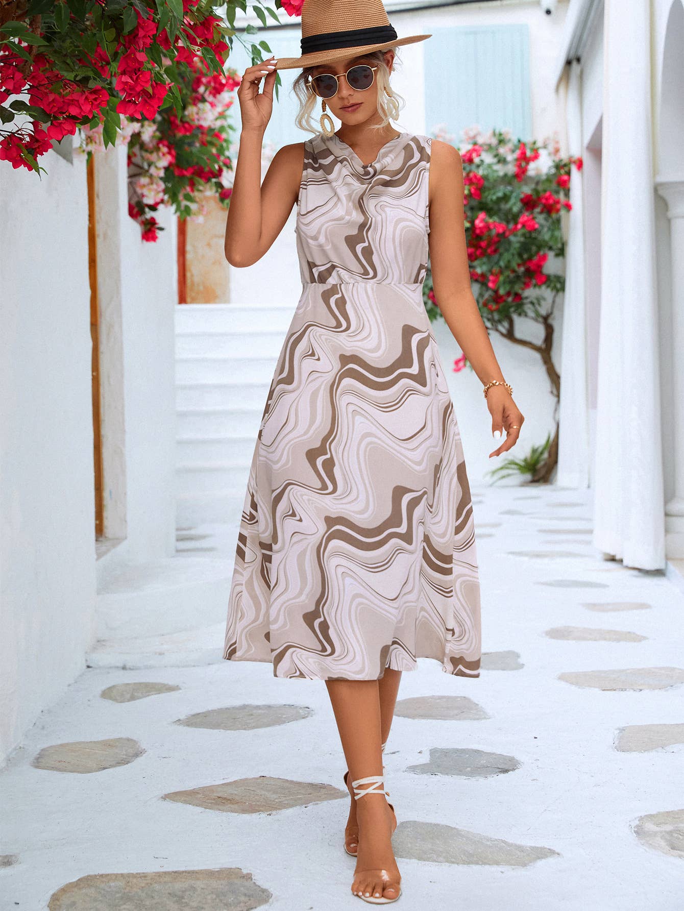Abstract printed round-neck cinched waist dress