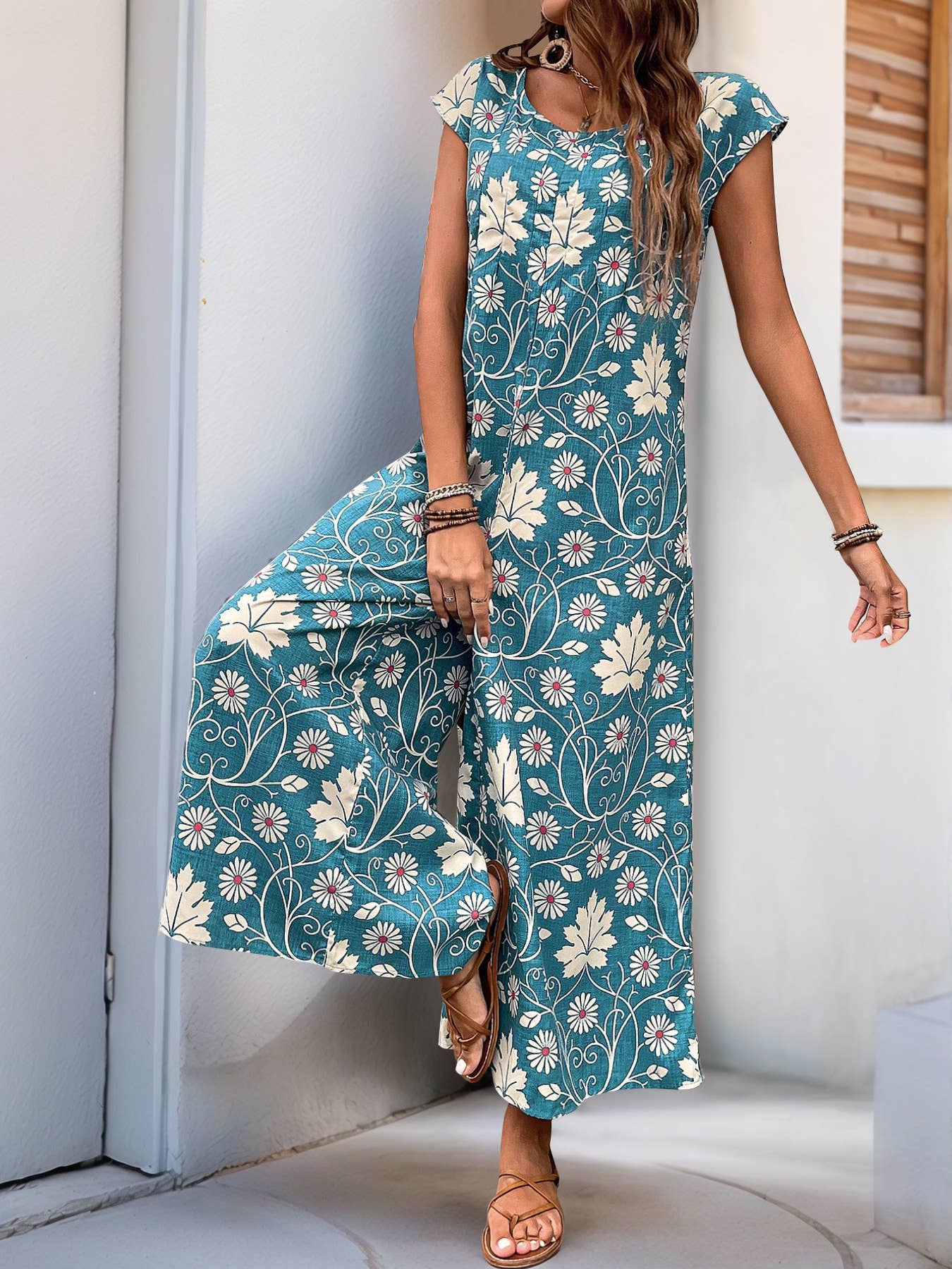 Vintage floral print casual straight-leg jumpsuit