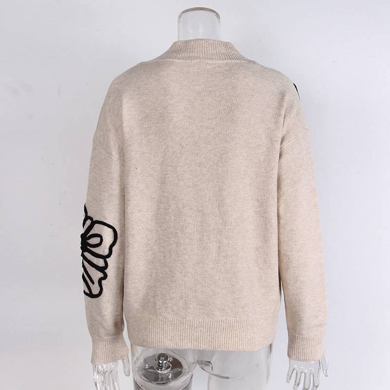 Three-dimensional flower high-neck sweater