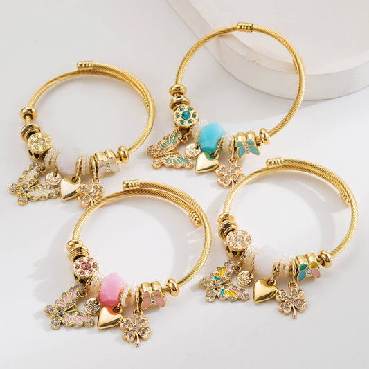 Adjustable Steel Bracelet with Butterfly & Clover_CWMM8600