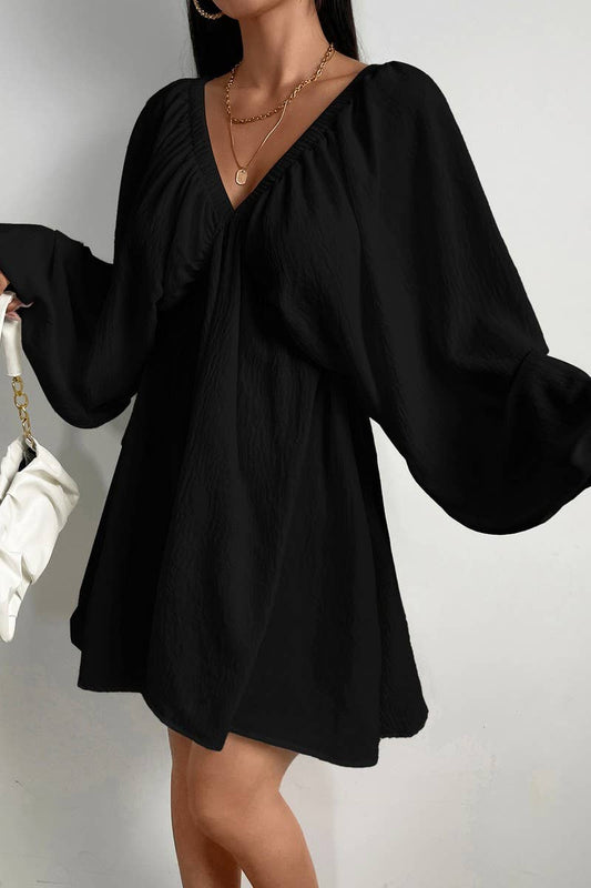 CWDSD7300_TEMPERAMENTAL SIMPLE DEEP V-NECK SOLID COLOR DRESS