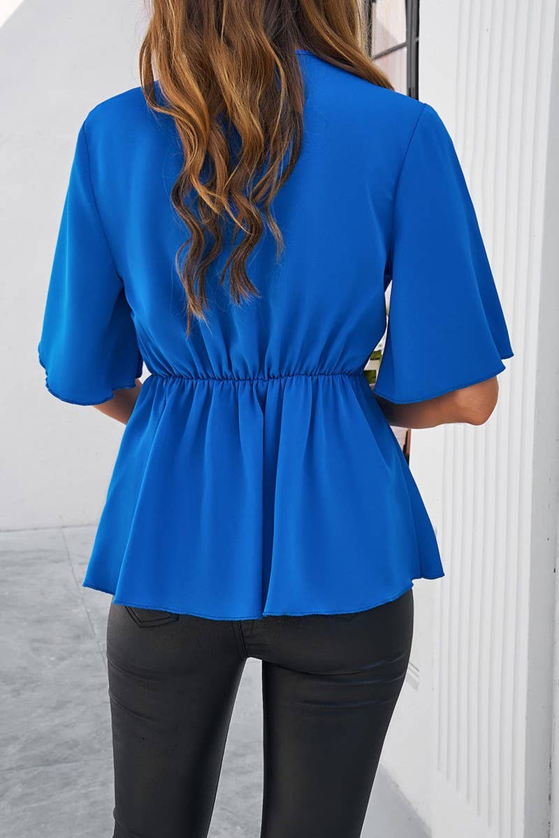 SOLID COLOR ELEGANT SHORT SLEEVED BELTED TOP_CWTSTS0323