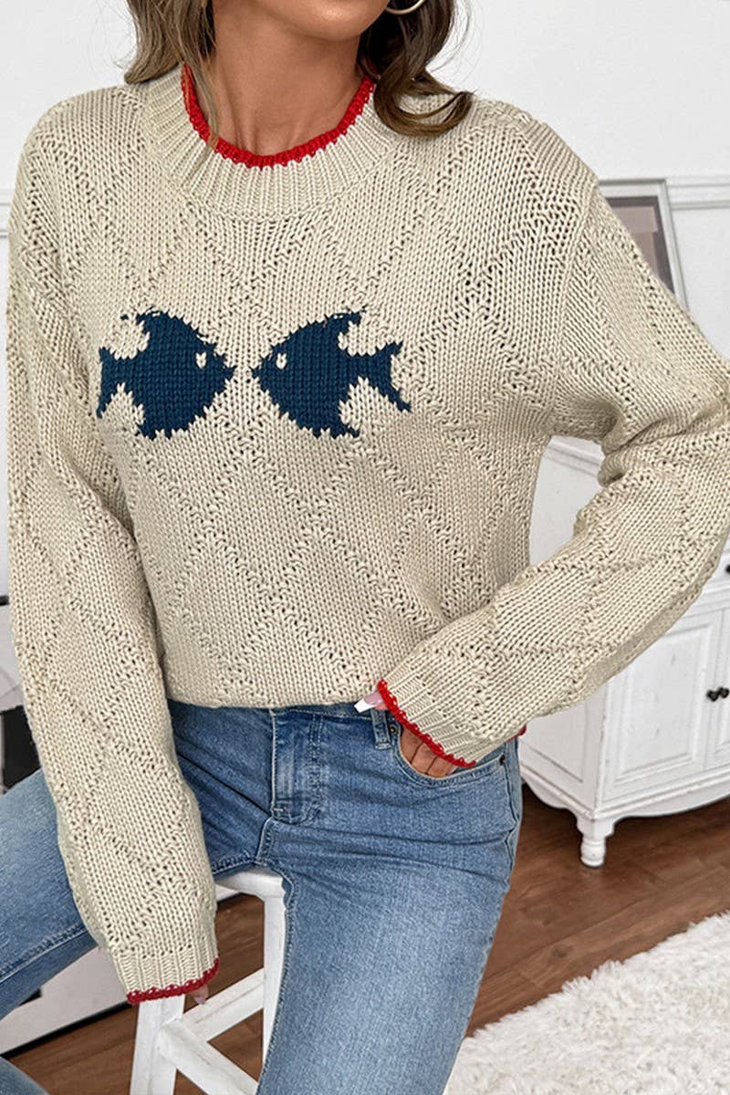CWOSWL07131_CONTRAST-TRIMMED FISH PATTERN PULLOVER SWEATER