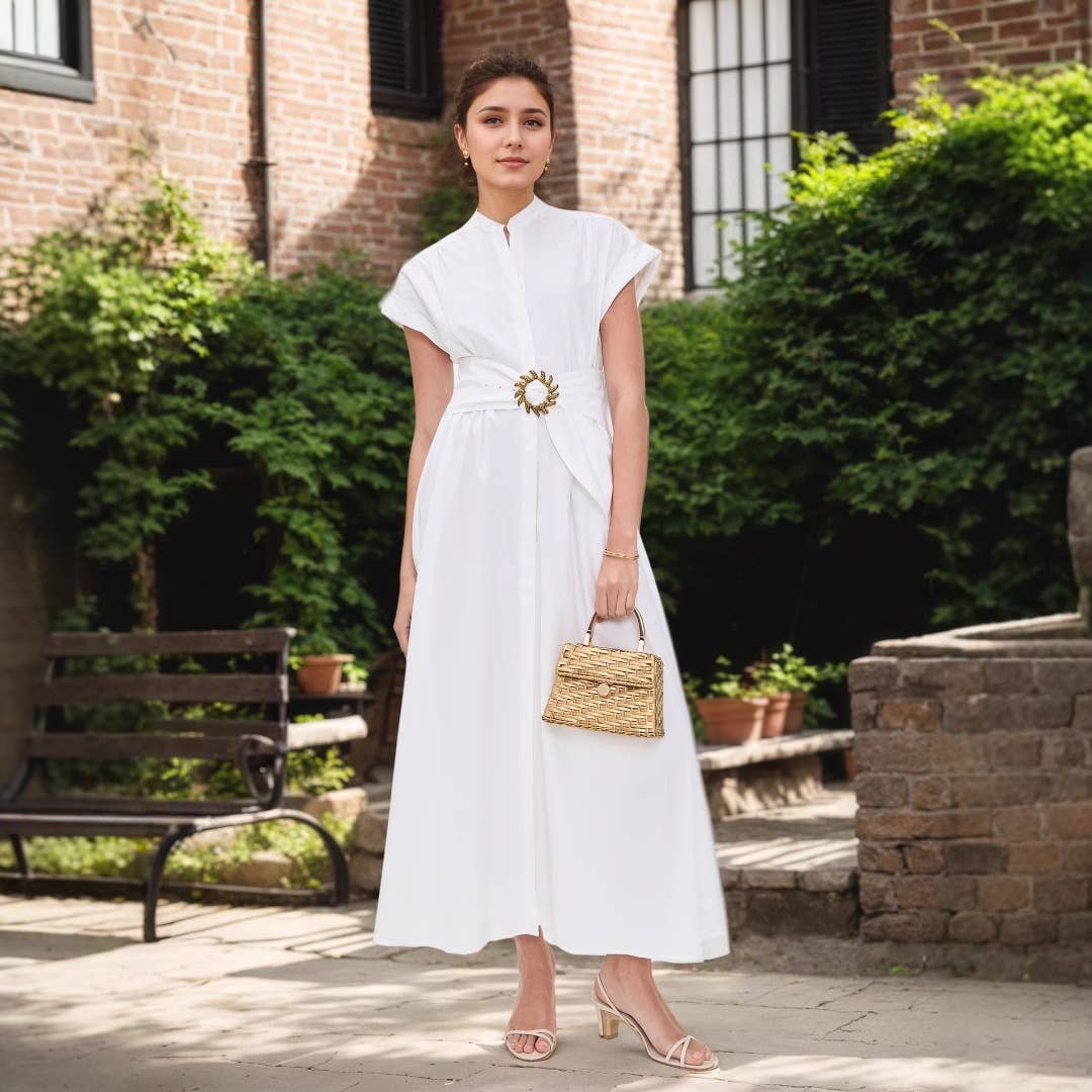 Sun metal belt short sleeve stand-up collar dress