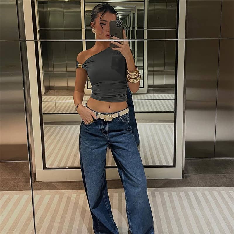 Solid One Shoulder Crop Top